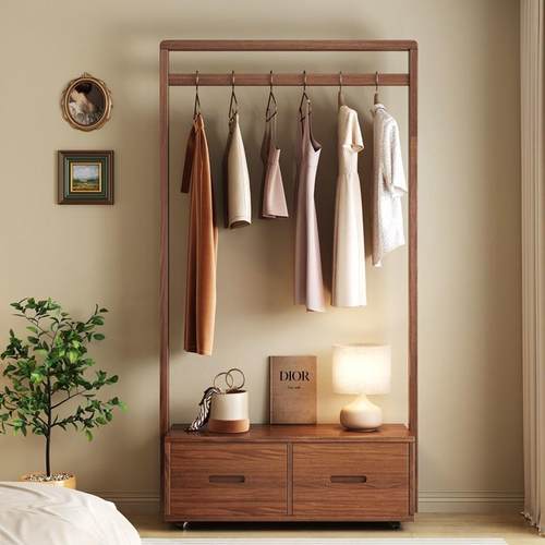 胡桃木衣架落地卧室可移动室内实木衣架换鞋凳集成家居