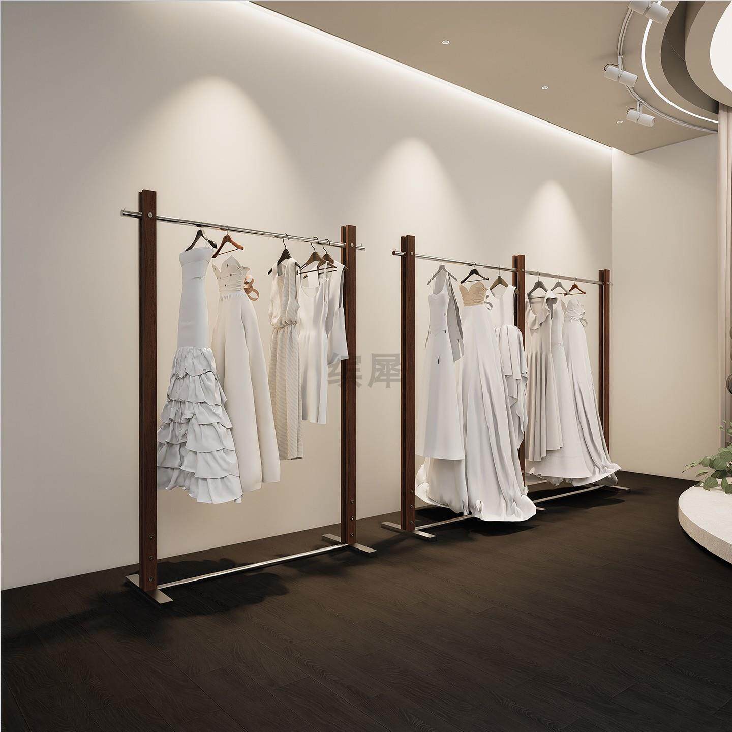 高档婚纱展示架礼服陈列货架不锈钢胡桃木挂衣杆汉服秀禾头纱架子