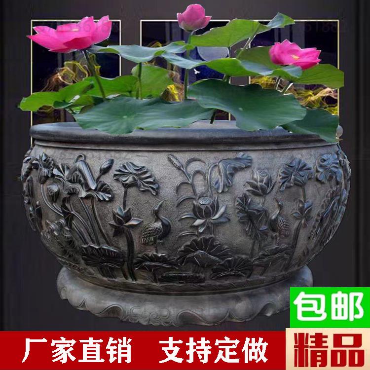 青石雕鱼缸荷花盆仿古石头大水缸门海槽鱼池中式庭院户外定制摆件