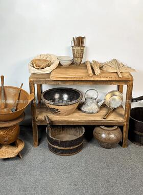 民俗老物件炊具厨房用具坛子木盆炉子铁锅面盆农村老厨房怀旧旧货