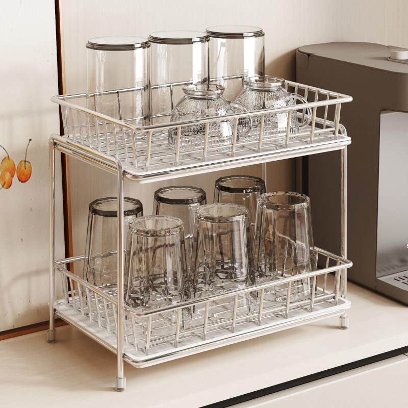 水杯杯架子杯子收纳置物架玻璃茶杯架桌面不锈钢沥水架双层托盘