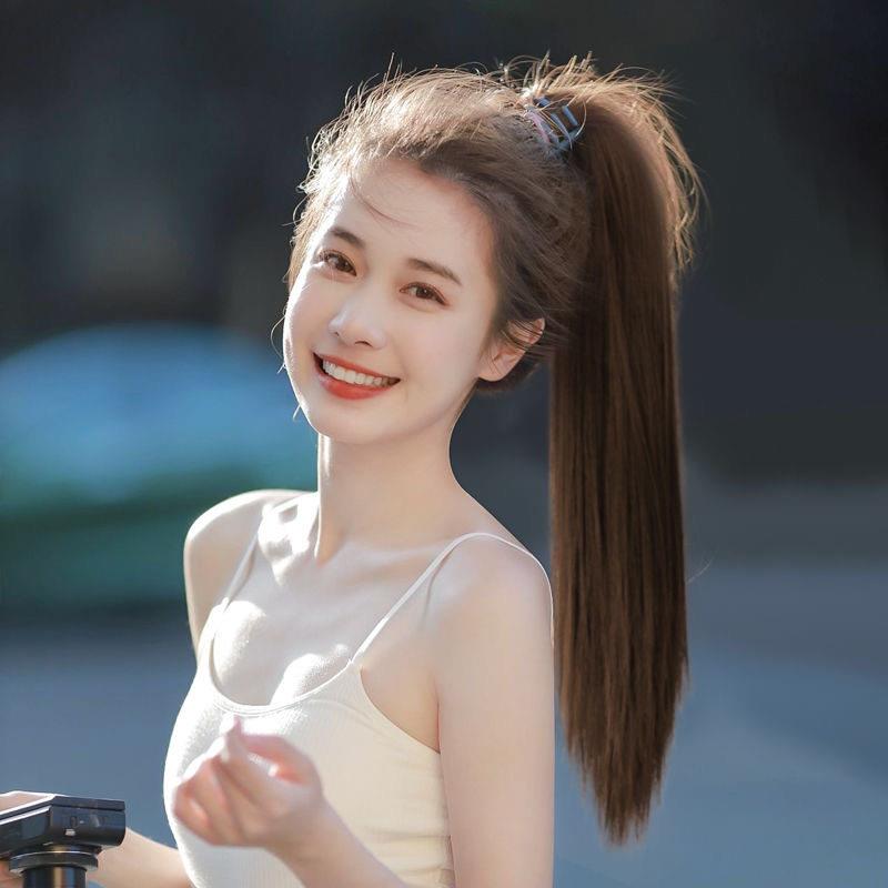 直发马尾假发全真发抓夹式减龄中长发网红古风高马尾逼真自然辫子