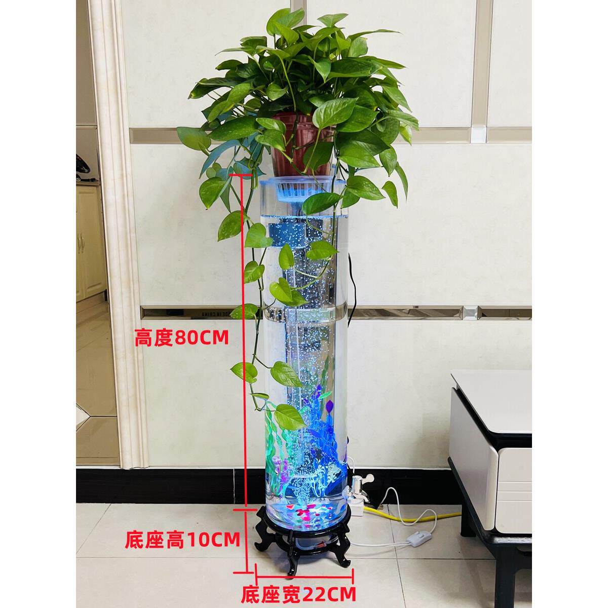 大小圆柱形鱼缸客厅加厚超白玻璃金鱼缸桌面灯无声氧合鱼缸景观