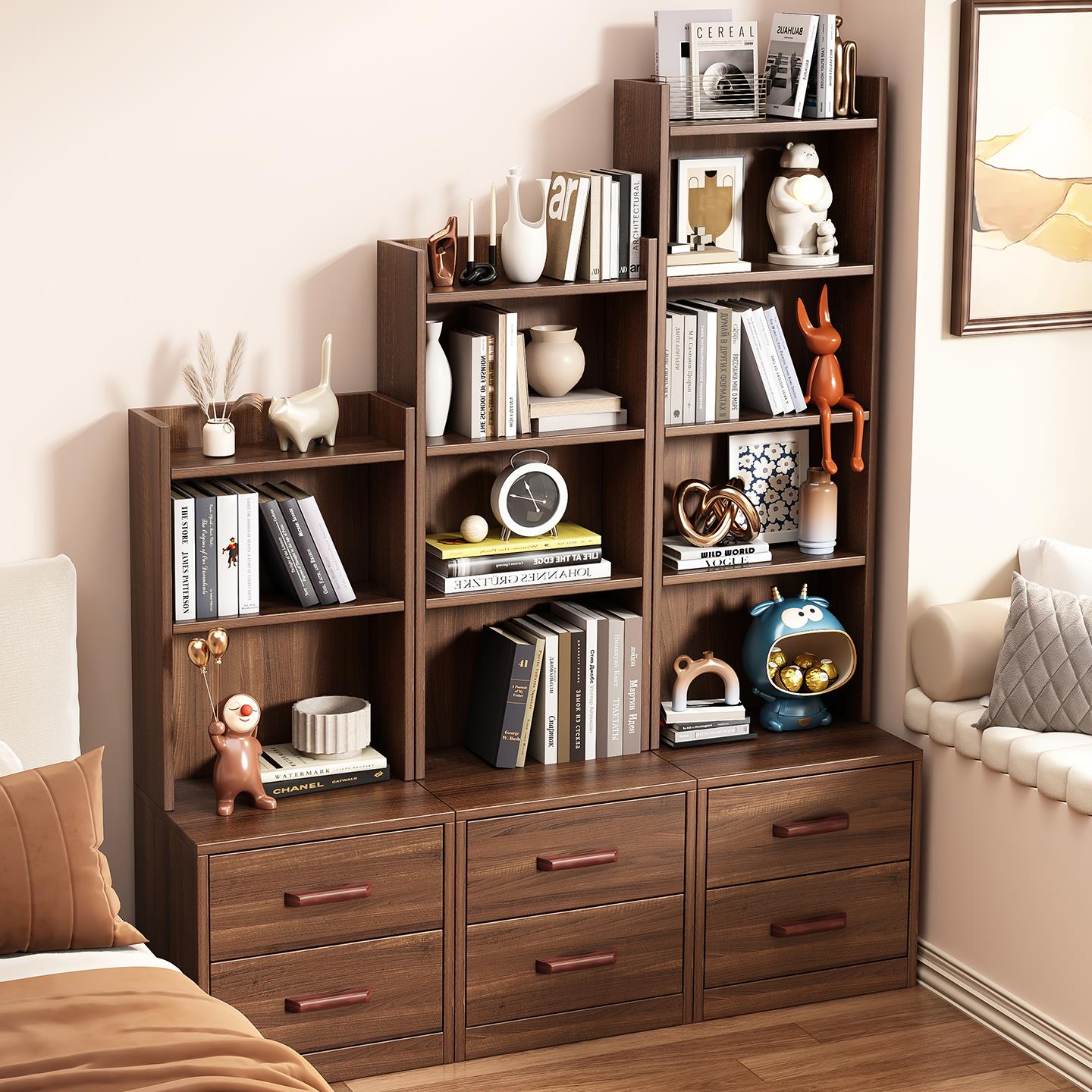 实木床头柜床边储物柜落地置物架胡桃色全白色北欧原木色书架书柜