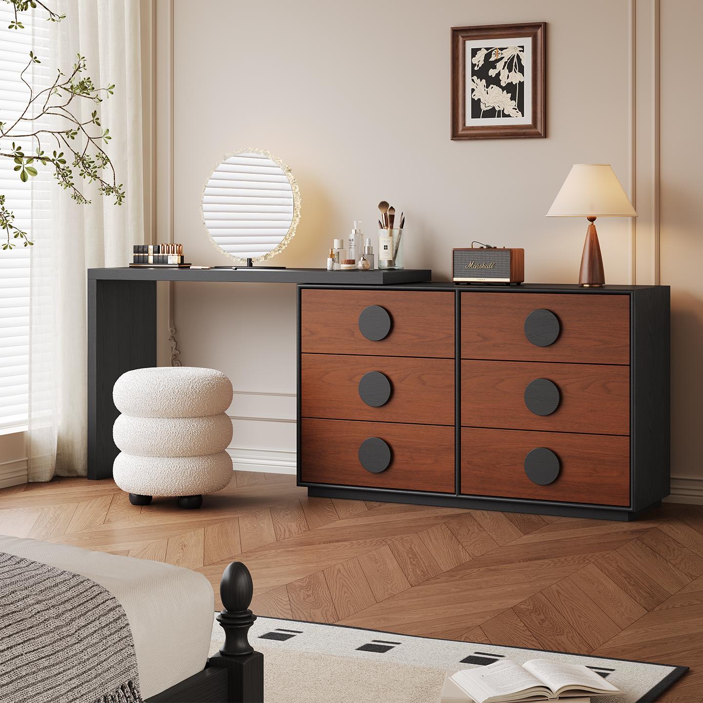 中古风化妆台斗柜一体化妆镜2025新款卧室实木小户型转角化妆桌