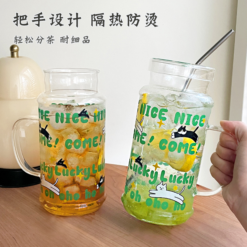萌趣小清新玻璃杯1L超大容量水杯一人饮耐高温水壶带吸管冷饮杯子