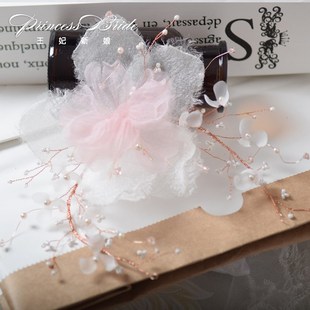 2020森系超仙淡粉绢纱花朵盘发发箍新娘结婚婚纱配饰影楼造型头饰