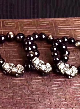 双眼金曜石貔貅手链男款佛珠手串潮个性水晶饰品女黑曜手链特色