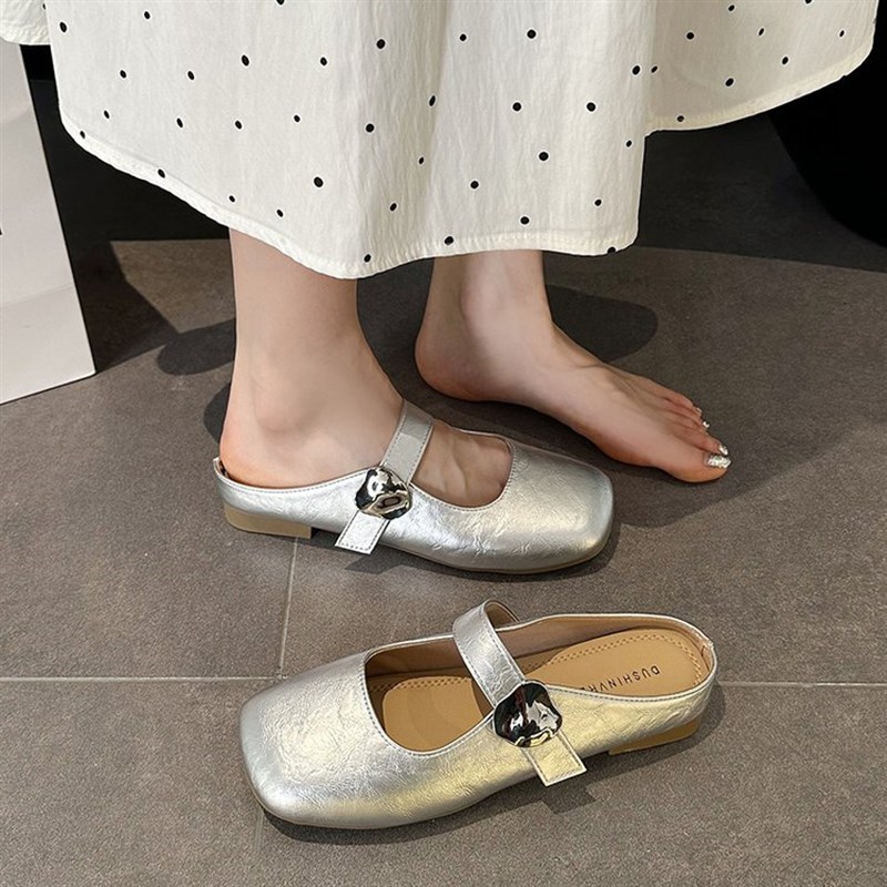 平底包头半拖鞋女2025年春w季新一脚蹬休闲外穿百搭时尚方头凉拖