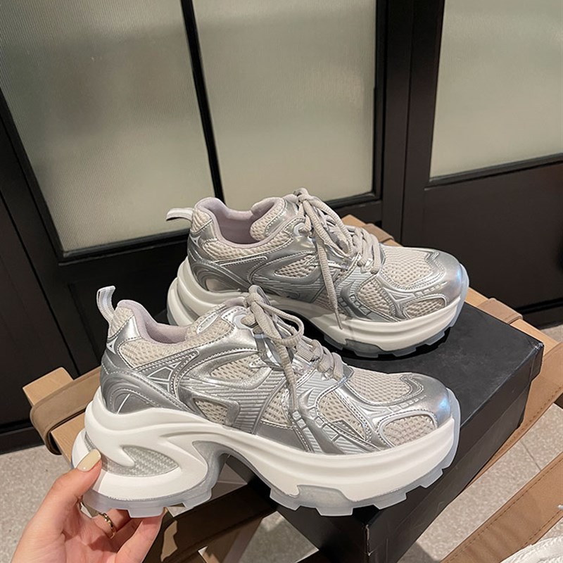 网红潮酷厚底银色老l爹鞋女超火2025夏季网面透气休闲运动鞋跑步