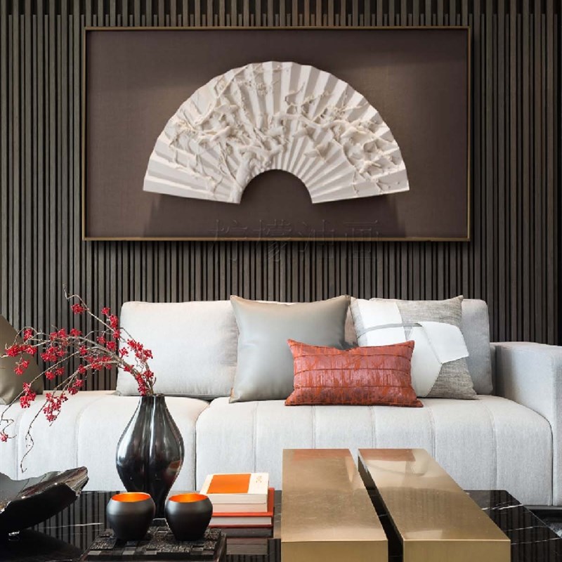 柠檬油画新中式扇子立体实物画卧室客厅装饰画高极艺术样板间挂画