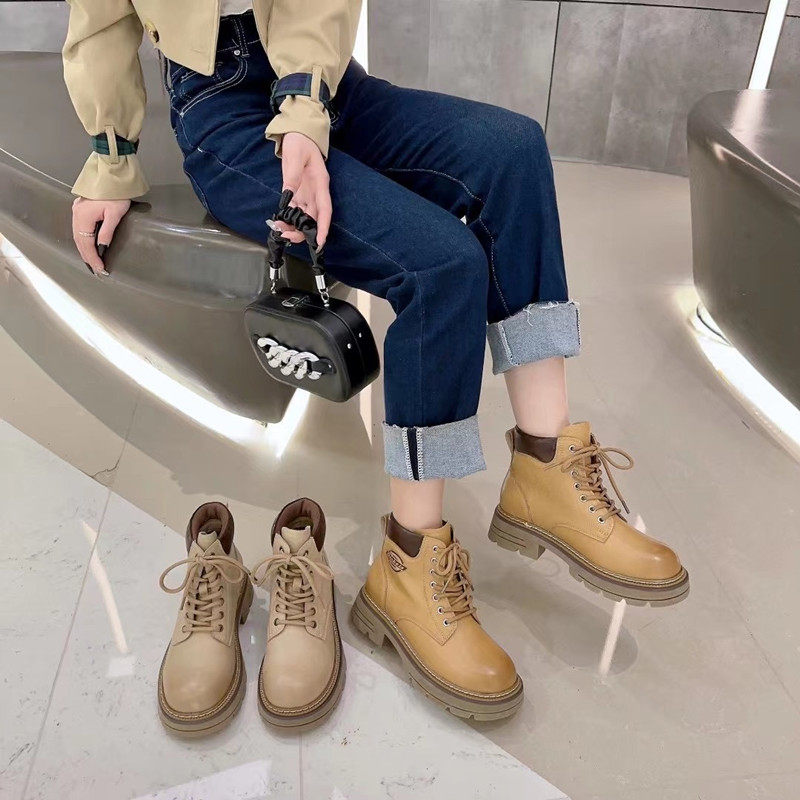 粗跟马丁靴女鞋2023年秋冬新款真E皮网红系带机车靴英伦风厚底短