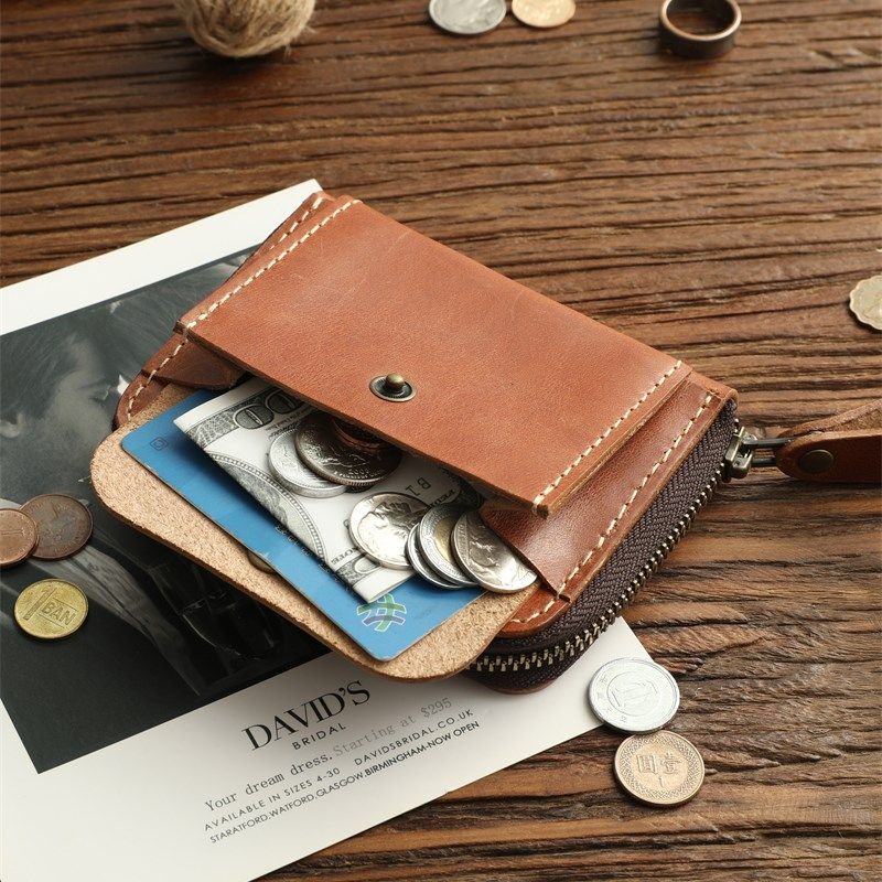 复古手工头层牛皮短款钱包男士里外真皮钱夹拉链零钱包植鞣皮钱夹