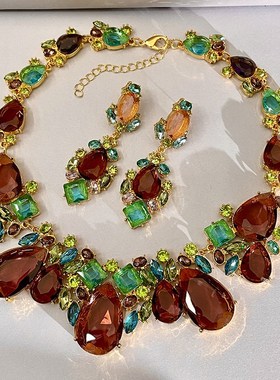 中古夸张气质高级感镶钻水晶项链粉钻气质彩色锁骨链女毛衣链配饰