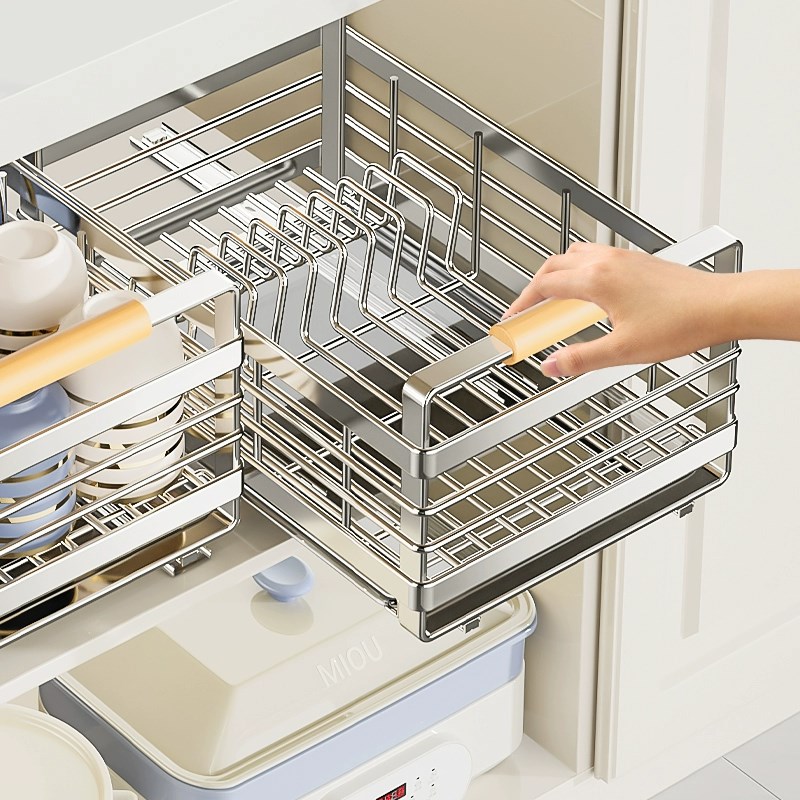 不锈钢碗碟收纳架厨房置物架橱柜内抽屉式拉篮抽拉碗柜盘沥水碗架