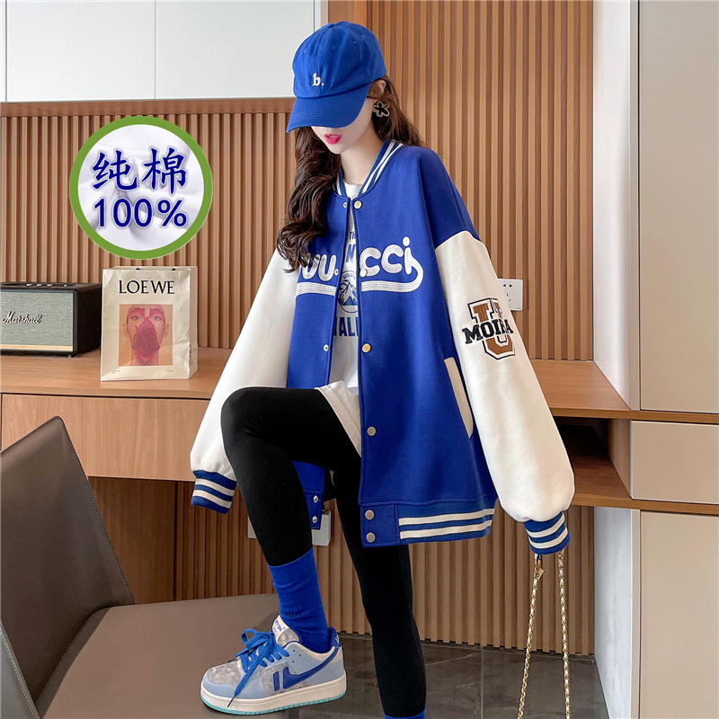 纯棉遮屁股棒球服外套女春秋中长新E爆薄款学生卫衣开衫气质高级