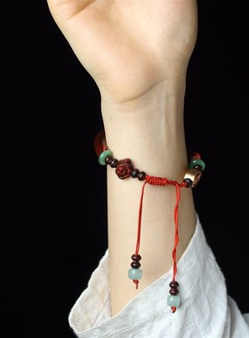 复古典雅紫檀半镯多宝手链设计款檀木镯民族风情侣祥云招财手链