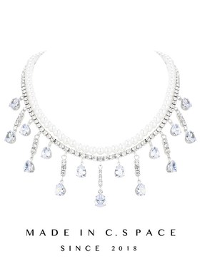 珍珠水滴锆石锁骨链女团风双层流苏串珠项链高级感叠戴气质颈链