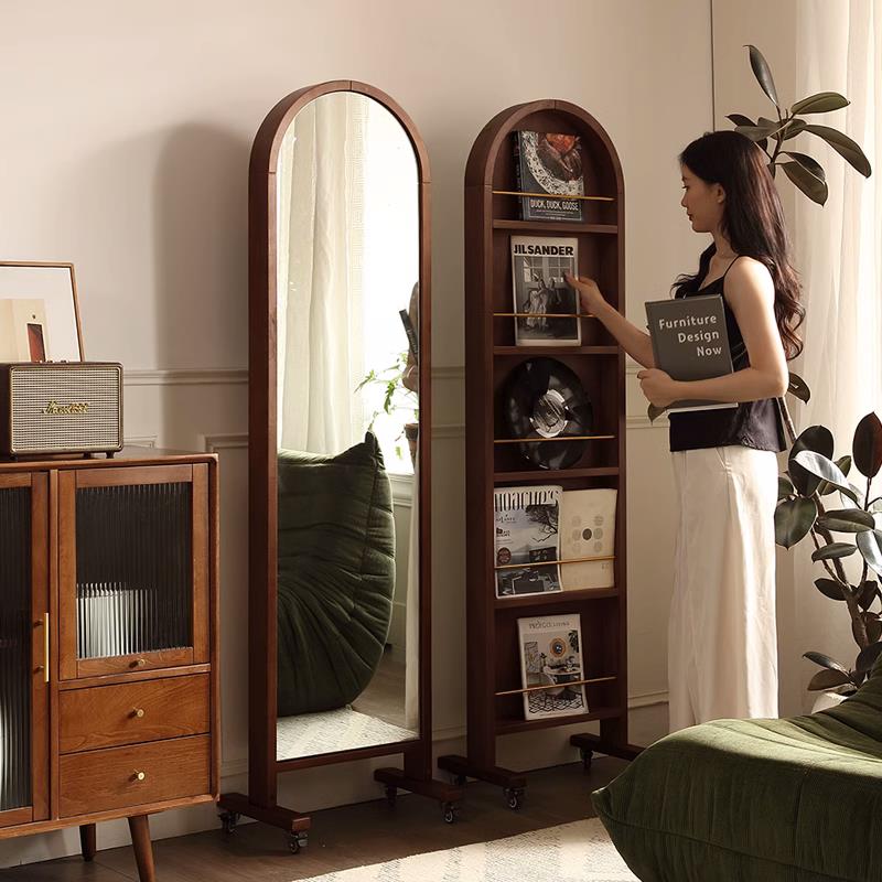 中复古实木穿衣镜可移动全身镜子旋转落地杂志书架收纳柜置物一体