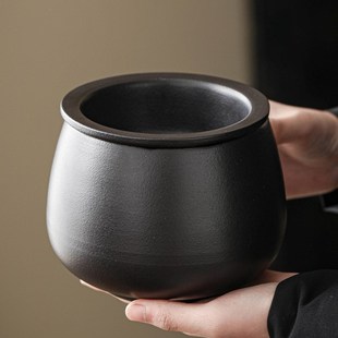 黑陶茶渣缸陶瓷茶洗建水过滤带盖废水缸孟大号桌面垃圾桶茶水分离