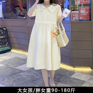 胖女孩裙子加肥加大码宽松大童女装初中学生夏装白色胖女童连衣裙
