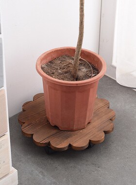 花朵圆形可移动实木花盆托盘带滚轮实木制底座万向轮盆栽实木花托