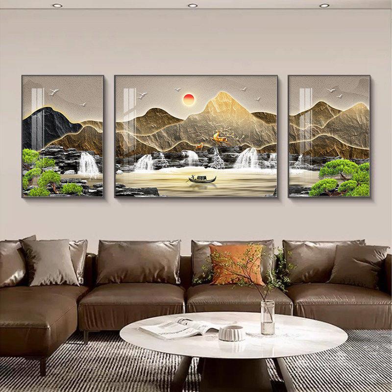 班德拉斯山水画客厅装饰画新中式沙发背景墙挂画大气高级感三联画 - 实物图