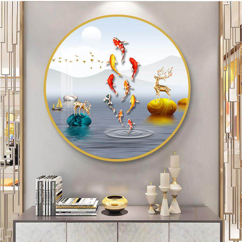 发财鹿招财入户玄关装饰画圆形现代客厅餐厅墙壁画走廊过道挂画