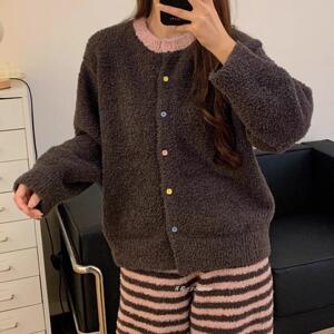 秋冬季甜美撞色条纹珊瑚绒睡衣女款加绒加厚保暖半边绒家居服套装