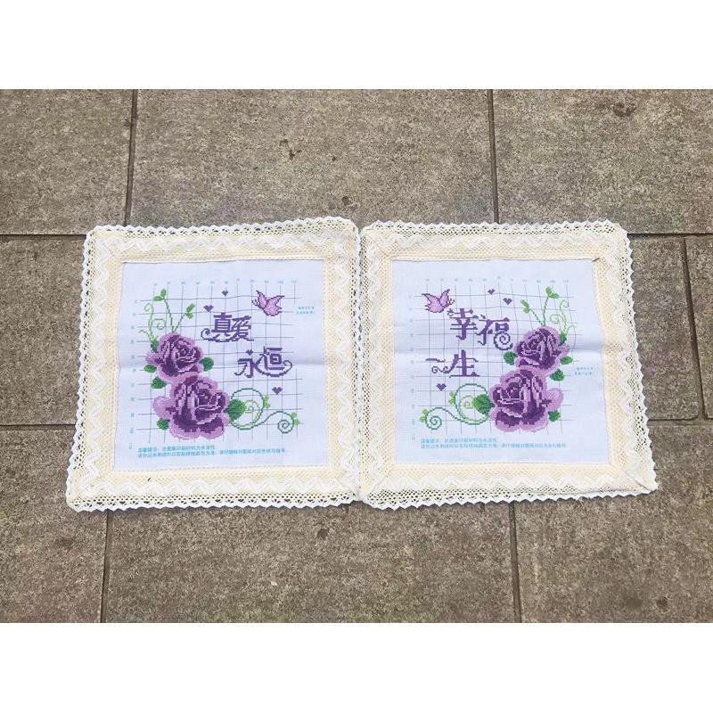 兔妈妈纯手工十字绣成品抱枕真爱永恒幸福一生蕾丝花边粉色汽车枕