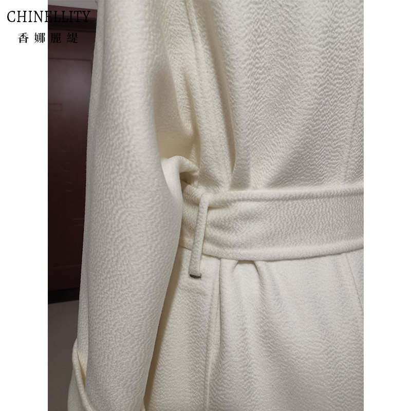 高端连帽白色水波纹稀缺面料3.C5米+用料双面羊绒大衣女中长款