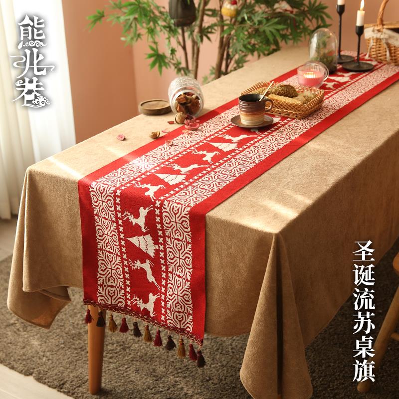 圣诞桌旗轻奢氛围感色织提花红色电视柜餐边柜长条桌布装饰盖布巾
