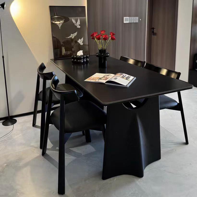 意式极简实木岩板餐桌小户型家用长方形现代法式侘寂风餐桌椅组合