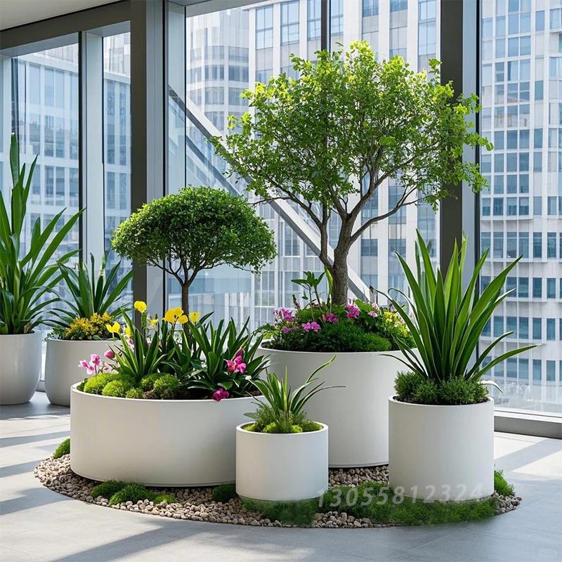 定制户外不锈钢圆形花箱组合铁艺花坛商场圆筒形花盆庭院阳台花池