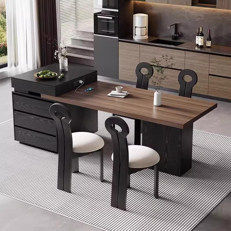 中古风岩板岛台餐桌一体可伸缩意式轻奢小户型家用多功能实木导台