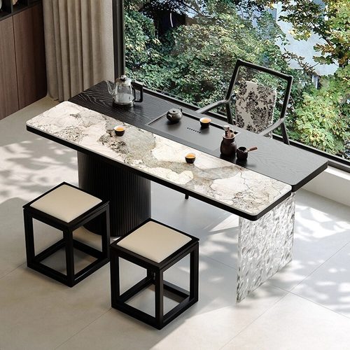 阳台岩板实木茶桌椅组合家用办公室茶台原木老板泡茶桌烧水壶一体