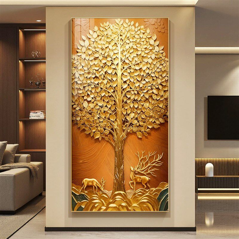 轻奢发财树玄关装饰画浮雕麋鹿LED灯走廊过道挂画入户正对门壁画