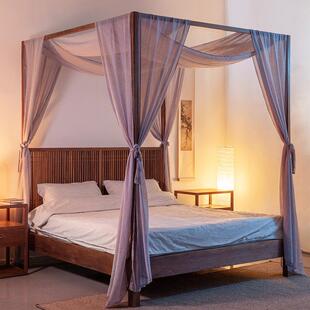 东南亚民宿复古床幔挂纱搭纱帘古床架子床四柱床防尘纱纯灰色通用