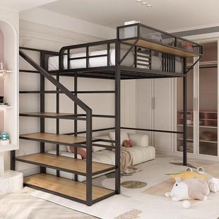 悬浮铁艺高架床二层上下铺阁楼小户型双人铁床架双层悬空设计家用