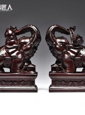 黑檀木雕大象摆件一对葫芦如意实木象家居客厅装饰工艺品乔迁送礼