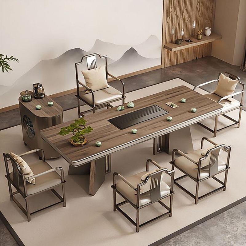 木纹岩板茶桌高端办公室茶台轻奢极简喝茶泡茶桌新中式茶桌椅组合