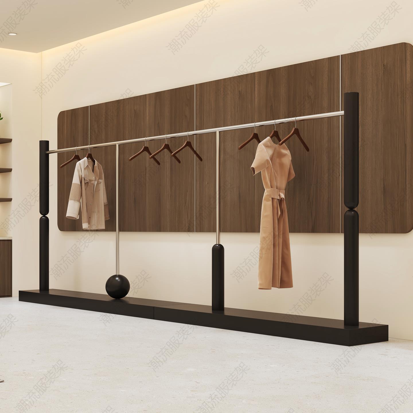 黑色服装店展示架胡桃色带板不锈钢落地架男女装陈列挂衣杆中岛架