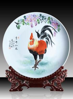 景德镇陶瓷艺术瓷盘摆件名家手绘大吉图挂盘客厅装饰瓷画看盘定制