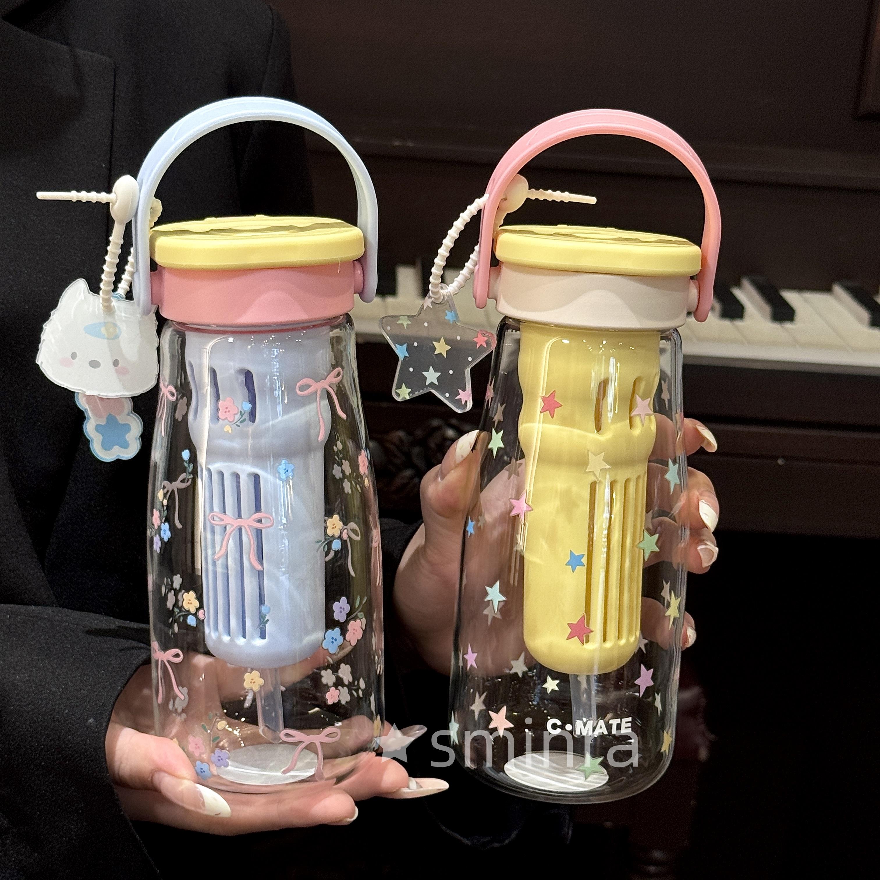 带茶隔水杯女生高颜值夏日2025新吸管杯上学可携式提手耐高温玻璃