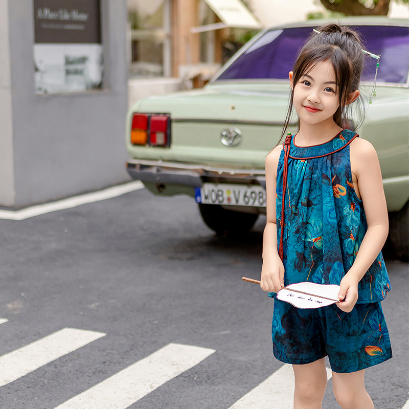 女童连衣裙夏季儿童新款夏装蓝铃花吊带长裙女孩新中X式复古旗袍