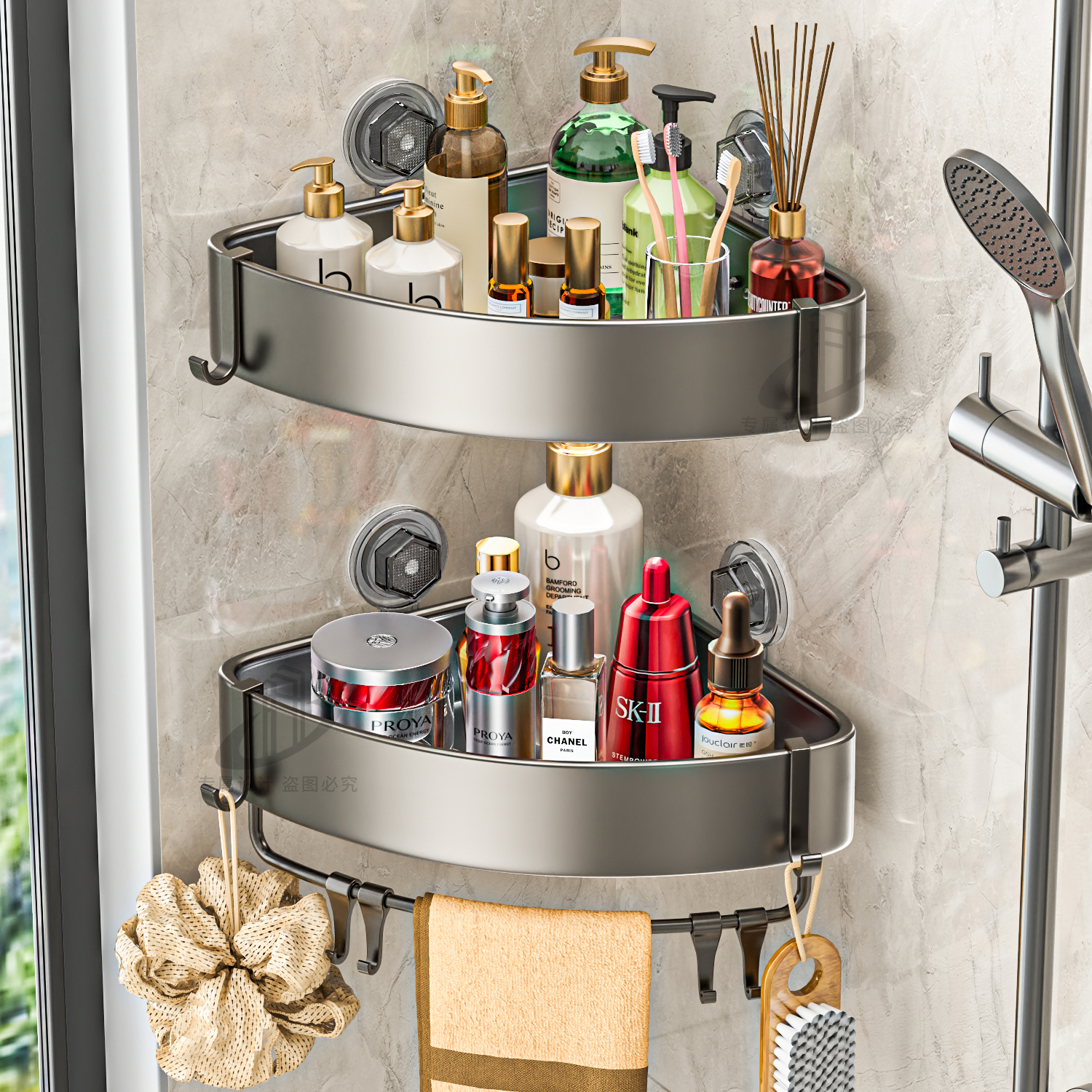 卫生间吸盘置物架枪灰免打孔壁挂浴室洗手台O洗漱台收纳三角篮置