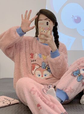 秋冬季长毛绒睡衣女加绒加厚春秋天可爱2023新款法兰绒家居服套装