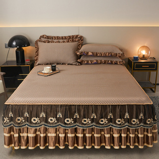 夏季 冰丝凉席三件套凉感丝冰豆豆席可机洗空调席防滑软席子 床裙款