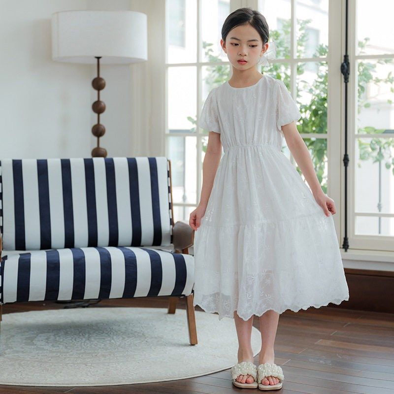 女童白色雪纺连衣裙夏季新款亲子装刺绣甜美洋气收腰泡泡袖蛋糕裙,童装/婴儿装/亲子装,连衣裙,淘宝优惠券,粉丝福利购,淘宝优惠卷