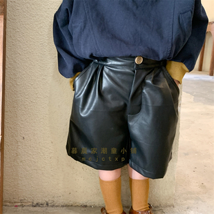 儿童新款秋装2022男童纯色洋气皮裤女宝宝森系复古五分裤休闲短裤